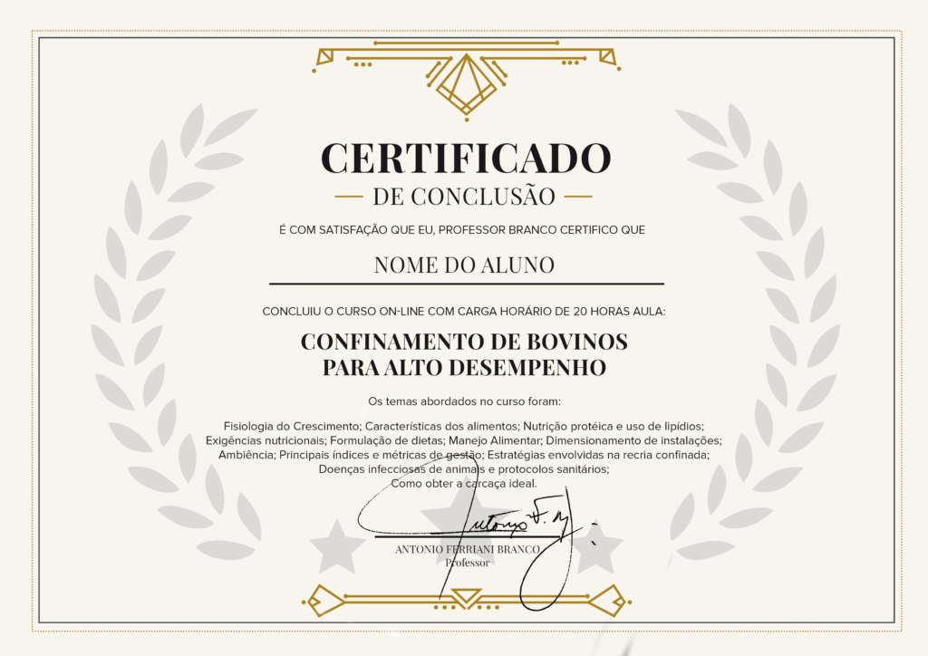Certificado - Curso de Confinamento de Bovinos para Alto Desempenho